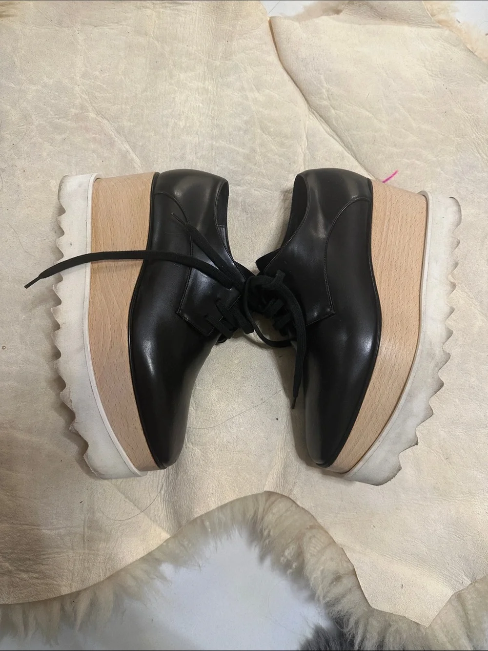 Stella McCartney Black Leather Platform Lace-Up Shoes with Wood-Look Midsole